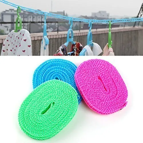 5 Meters Windproof Anti-Slip Clothes Washing Line Drying Nylon Rope With Hooks