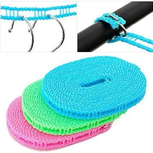 Windproof Anti-Slip Clothes Washing Line Drying Nylon Rope with Hooks - 5 Meter